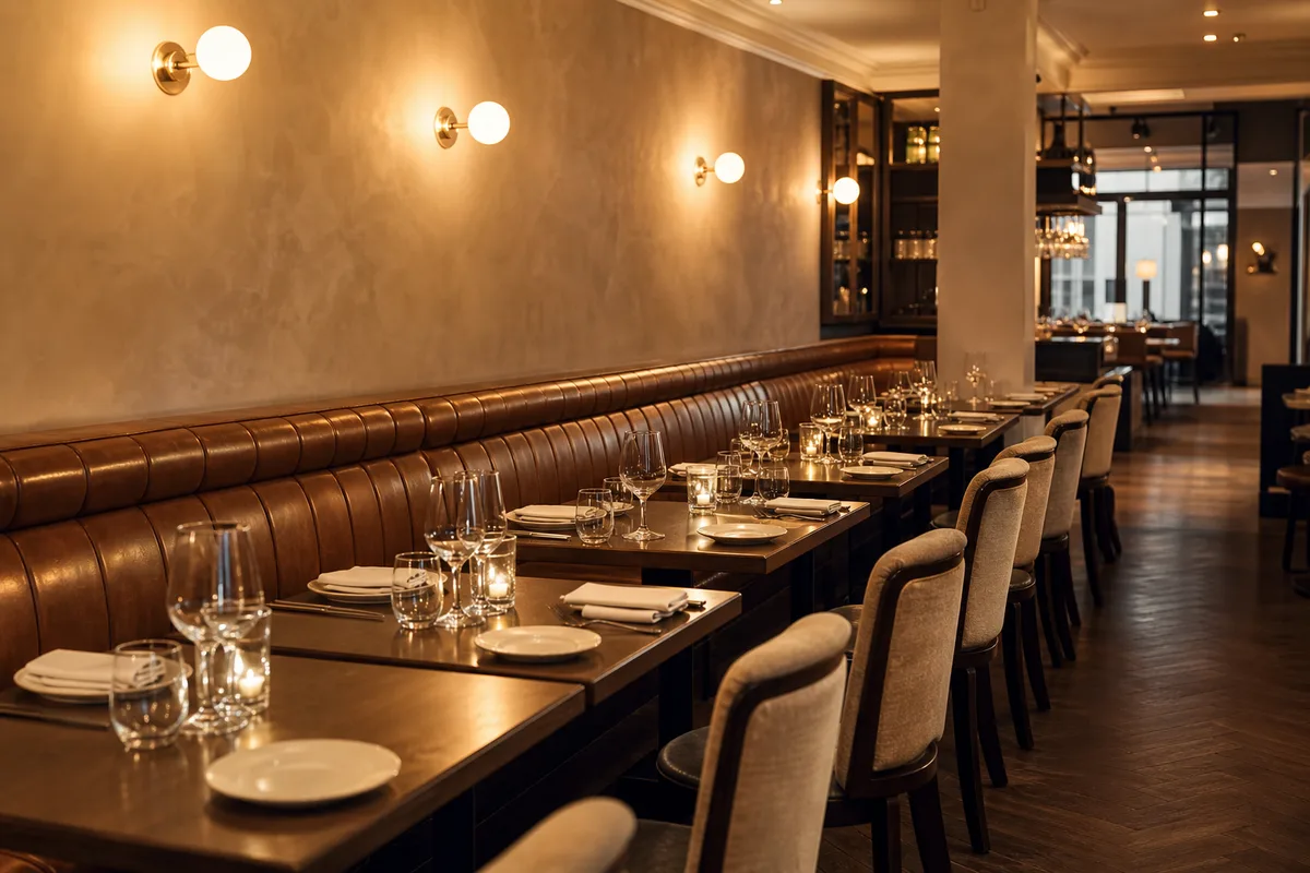 Rangée de tables et banquettes optimisant la capacité d’une salle de restaurant