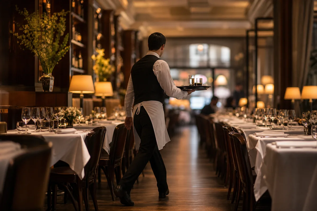 Serveur circulant dans une allée dégagée entre les tables dressées d’un restaurant