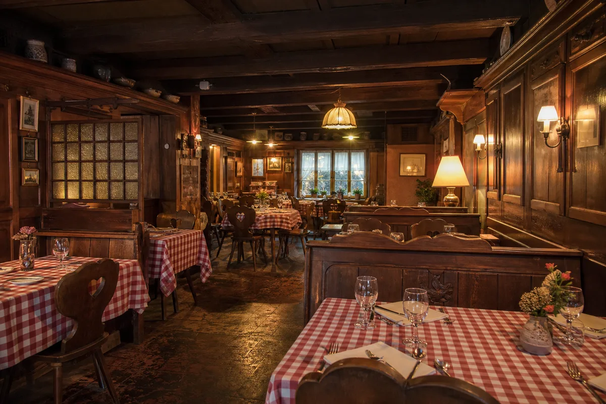 Intérieur chaleureux d’une winstub alsacienne avec boiseries et tables en bois