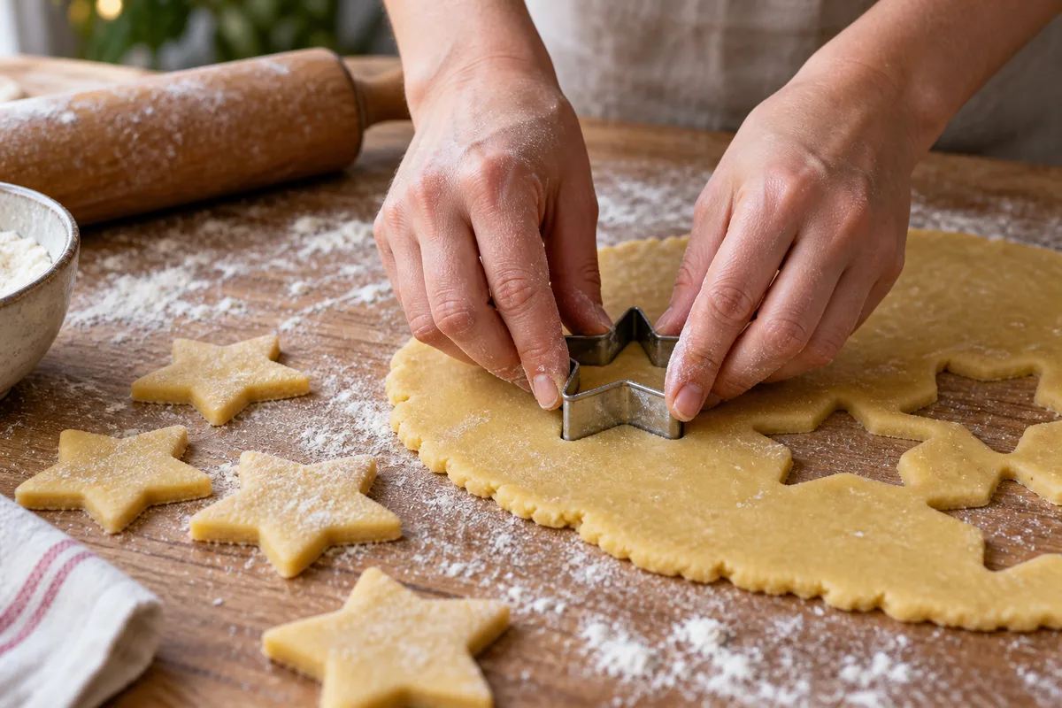 Mains découpant une pâte sablée dorée à l’emporte-pièce en forme d’étoile sur un plan de travail fariné