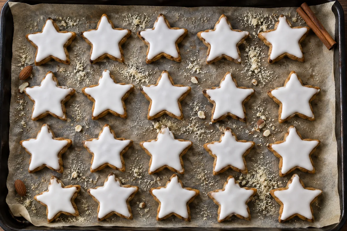 Étoiles à la cannelle au glaçage blanc alignées en rangs réguliers sur une plaque de cuisson tapissée de papier