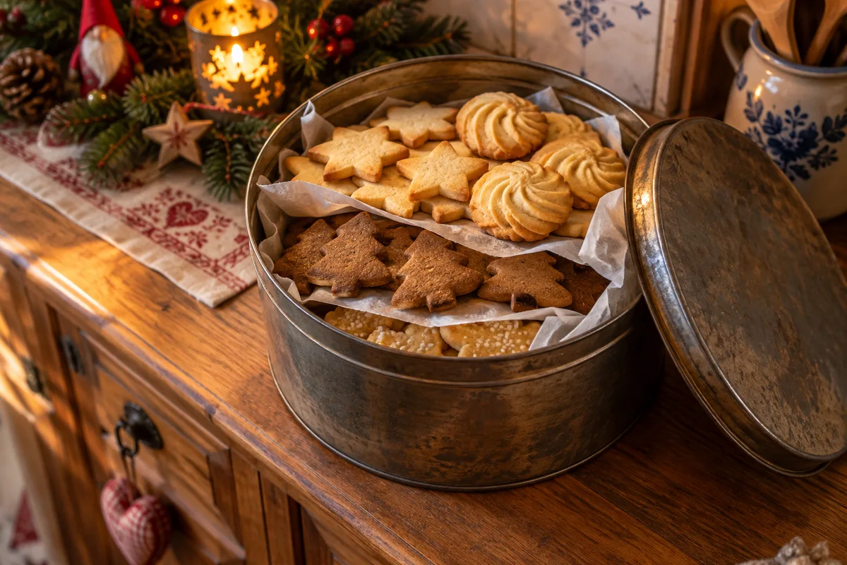 Boîte en fer ancienne au couvercle ouvert, remplie de biscuits de Noël variés rangés sur papier sulfurisé