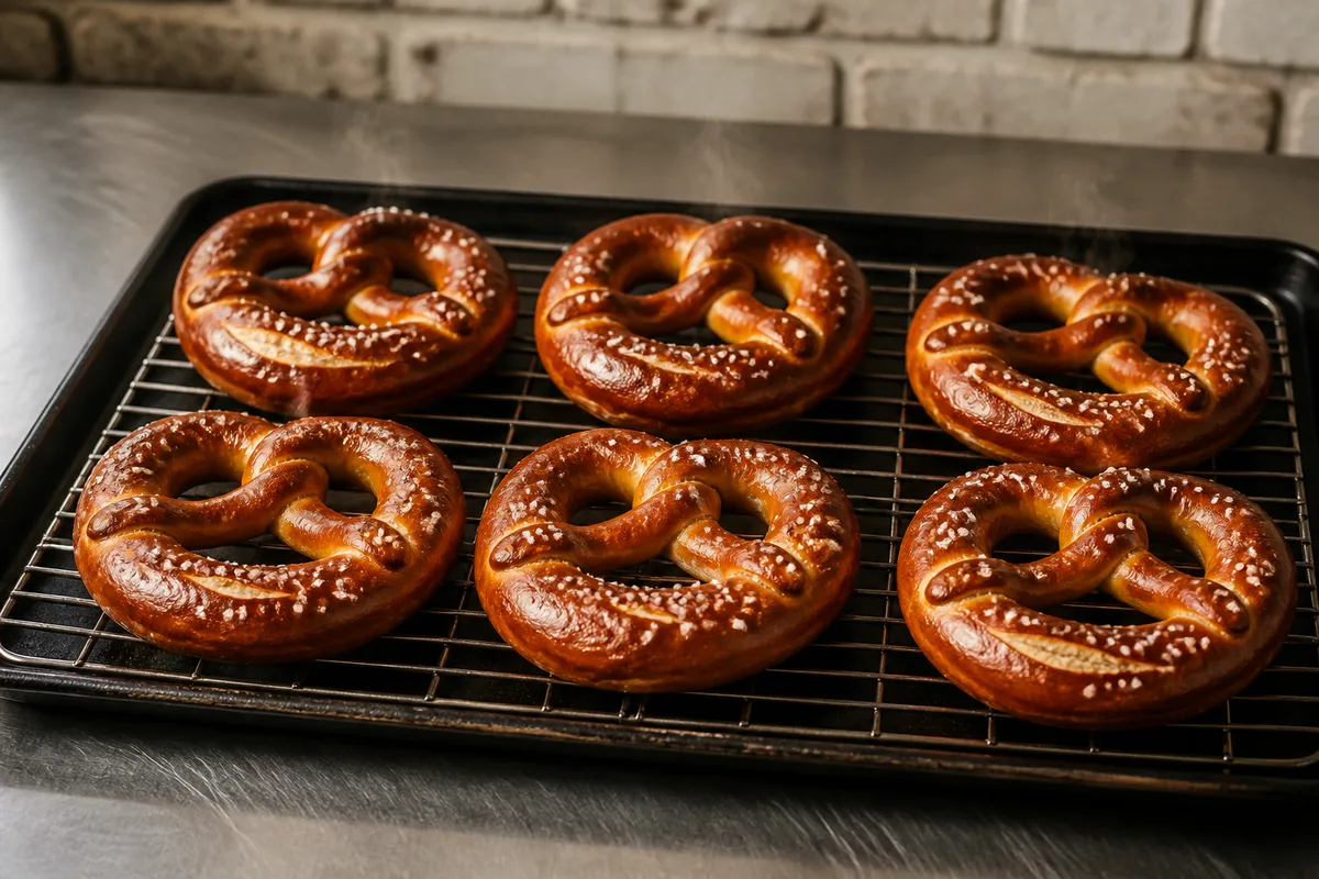 Bretzels dorés au gros sel refroidissant sur une grille de boulangerie en métal