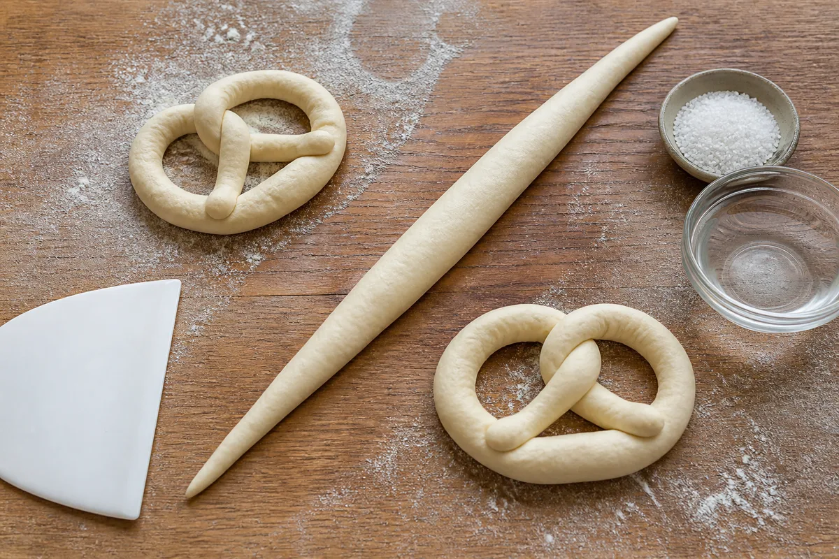 Pâte à bretzel roulée en boudin effilé sur un plan de travail fariné