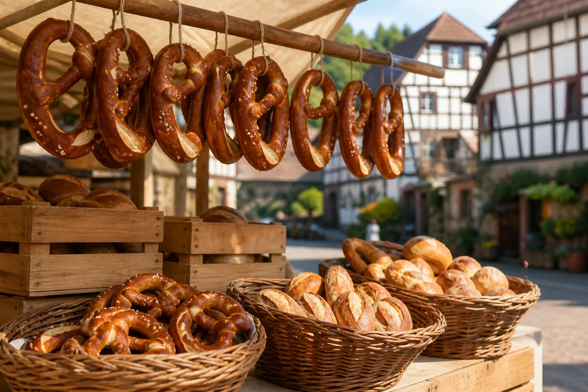 Étal de marché alsacien avec bretzels suspendus à une barre de bois sous un auvent