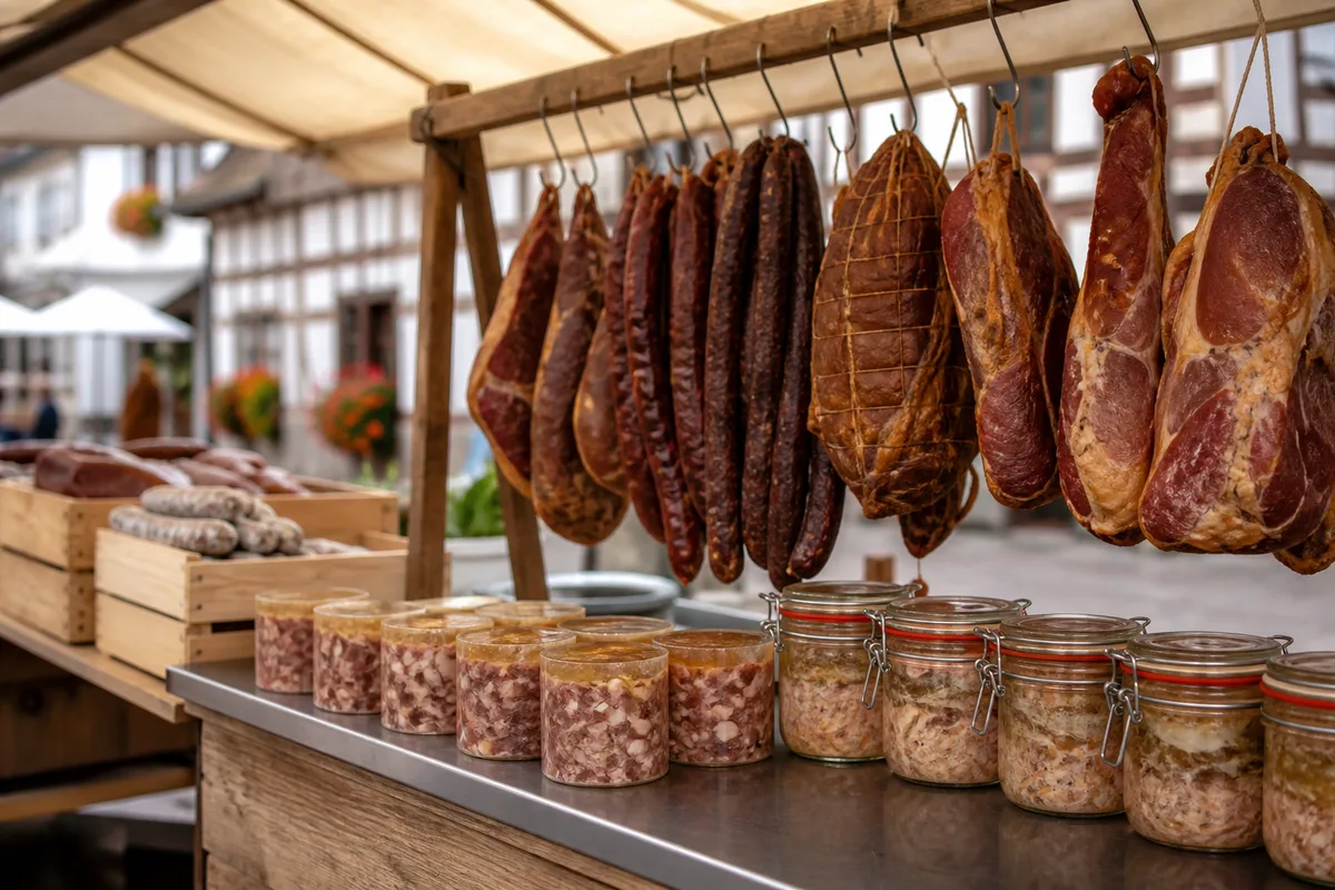 Étal de marché avec jambons fumés suspendus et terrines en gelée