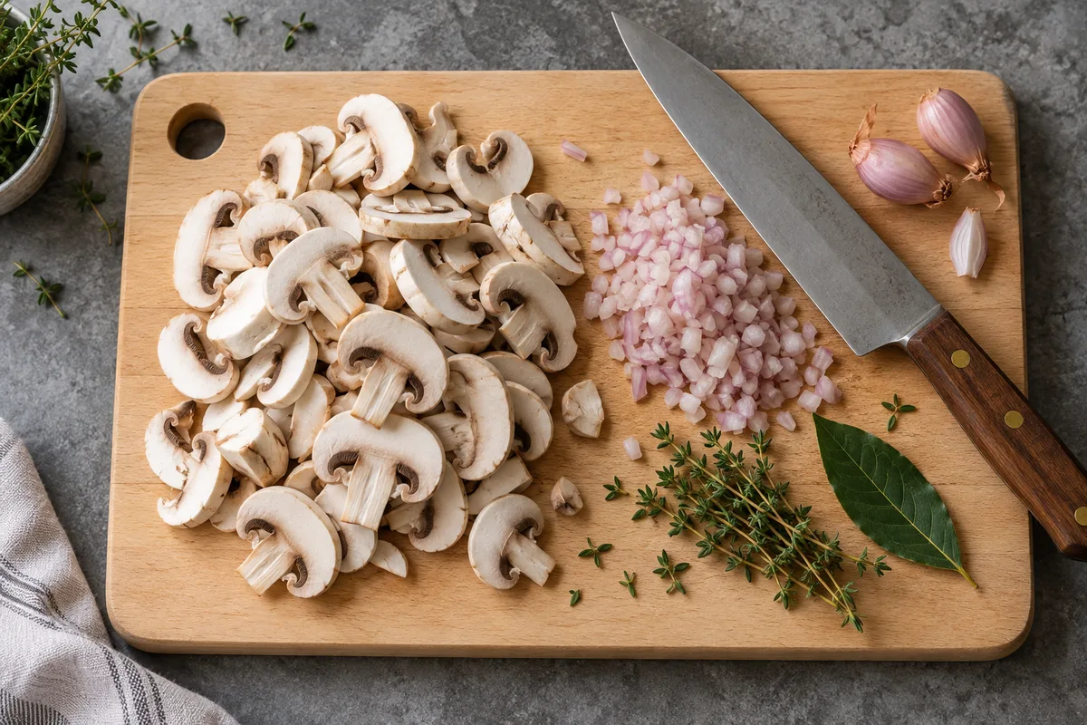 Champignons de Paris émincés et échalotes ciselées sur une planche à découper en bois