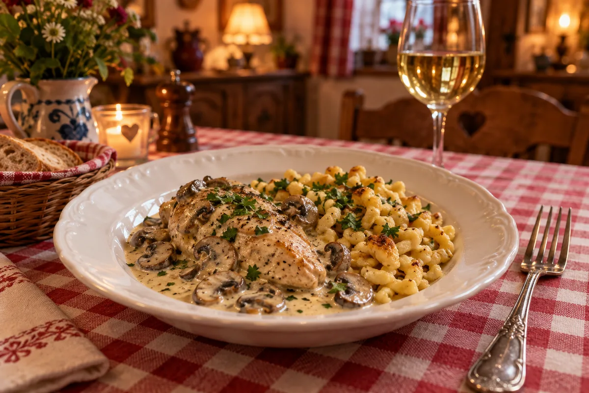 Assiette de coq au riesling servie avec des spaetzle sur une nappe à carreaux rouges