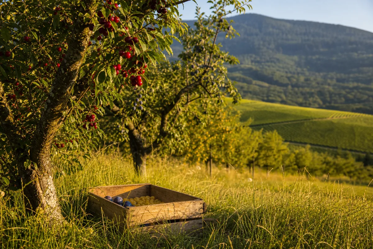 Verger de cerisiers en fleurs au pied du vignoble alsacien