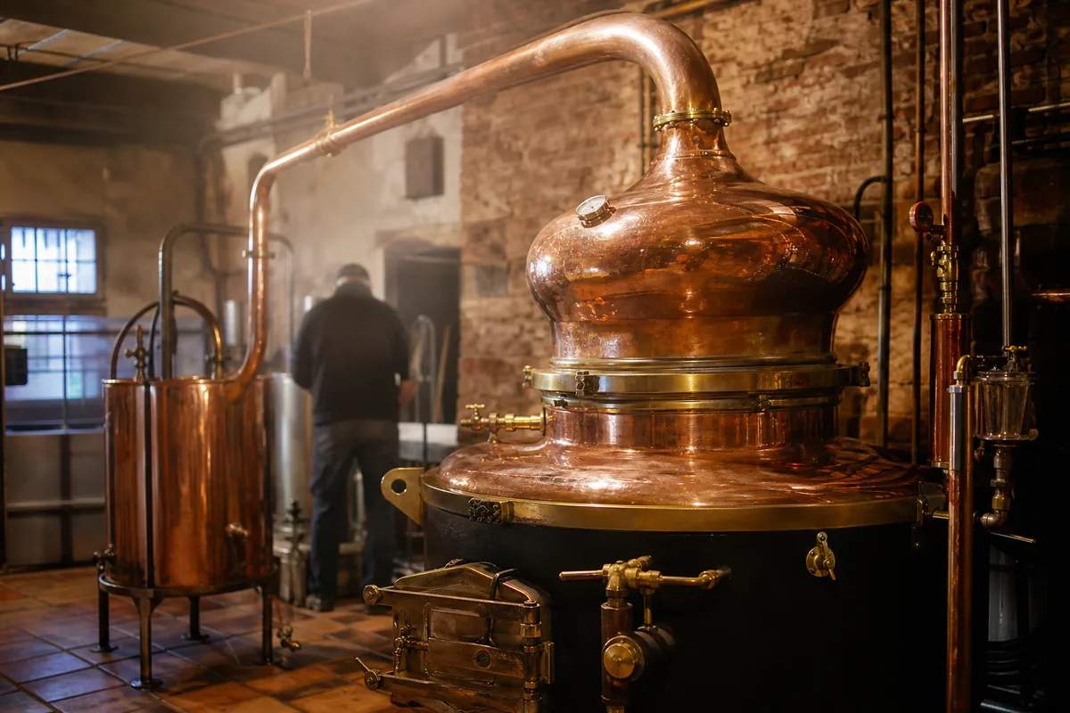 Alambic en cuivre dans une distillerie artisanale alsacienne