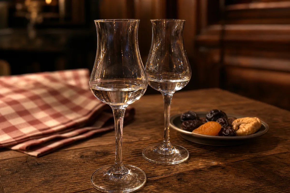 Verres tulipe d’eau-de-vie servis en fin de repas sur une table en bois