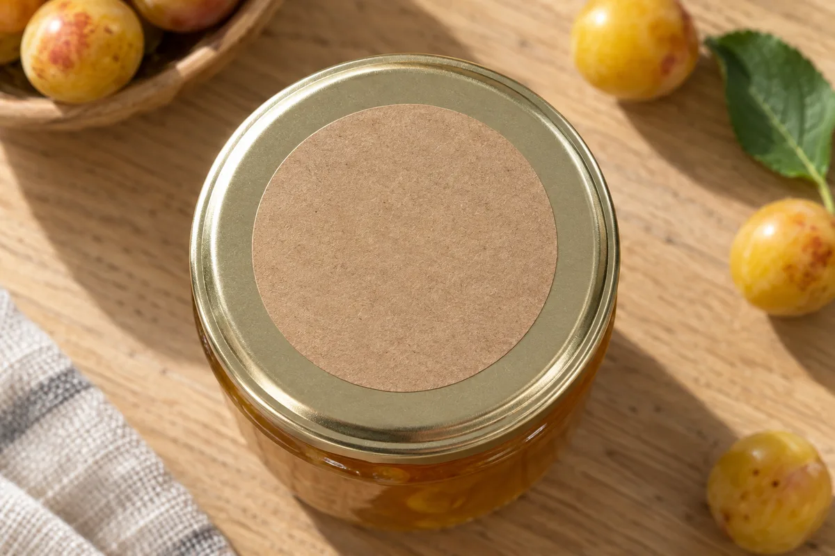 Pastille ronde de papier kraft vierge posée sur le couvercle d&rsquo;un pot de confiture