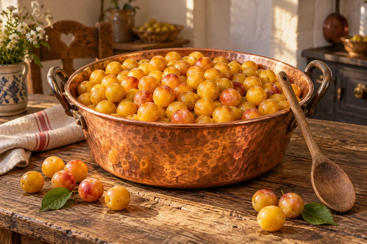Bassine en cuivre remplie de mirabelles dorées sur une table de ferme