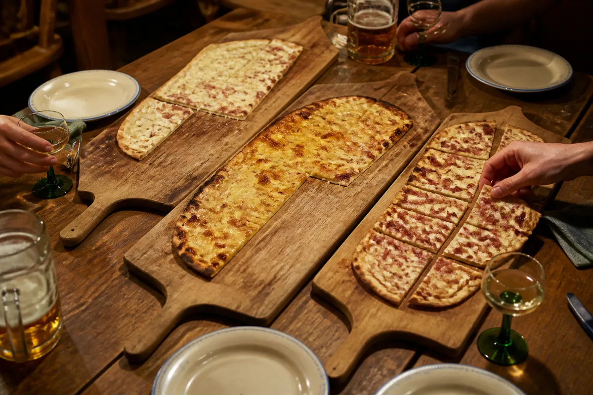 Tarte flambée sortie du four sur une planche en bois, bords noircis et lardons dorés