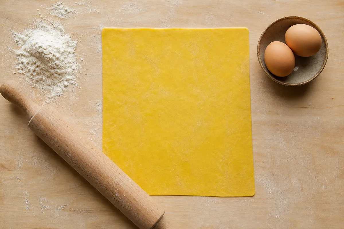 Pâte aux œufs fraîchement étalée au rouleau sur un plan de travail fariné en bois