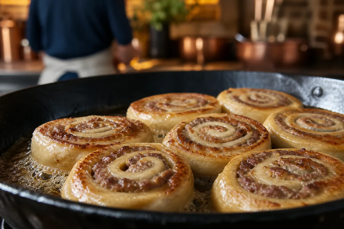 Rondelles de roulés à la viande disposées dans une poêle en fonte beurrée, spirale visible