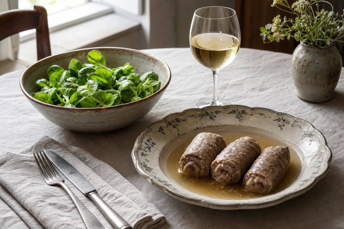 Salade verte à la vinaigrette dans un saladier en grès, à côté d’une poêle de roulés mijotés