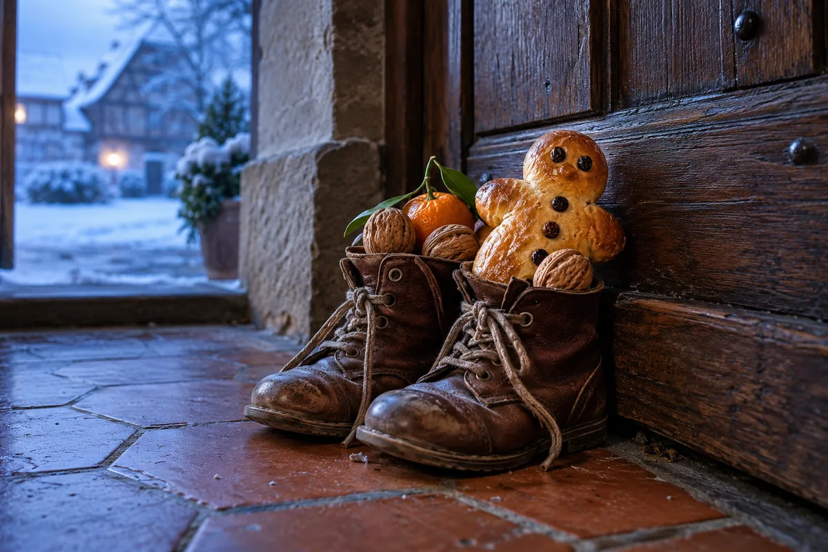 Souliers en cuir garnis de mandarines, de noix et d’un manala doré devant une porte en bois
