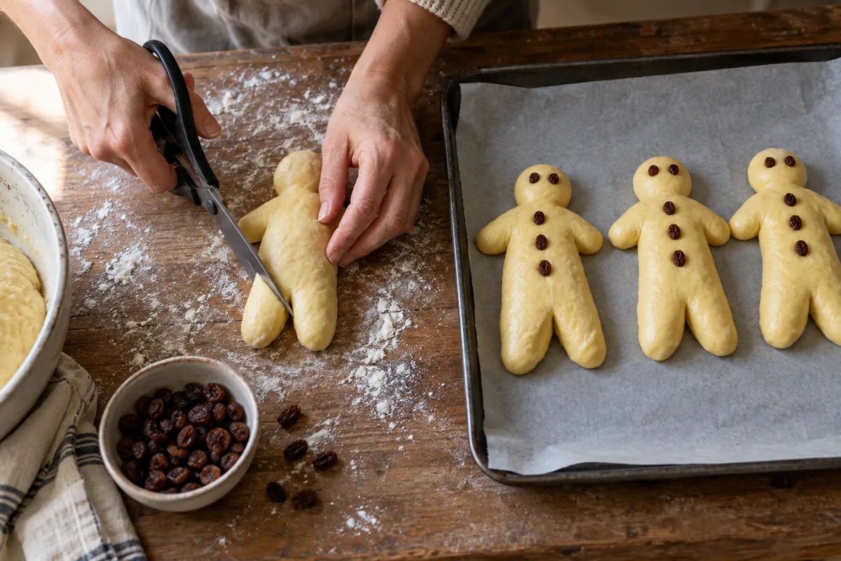 Mains qui entaillent aux ciseaux un pâton de brioche pour former les jambes d’un mannele