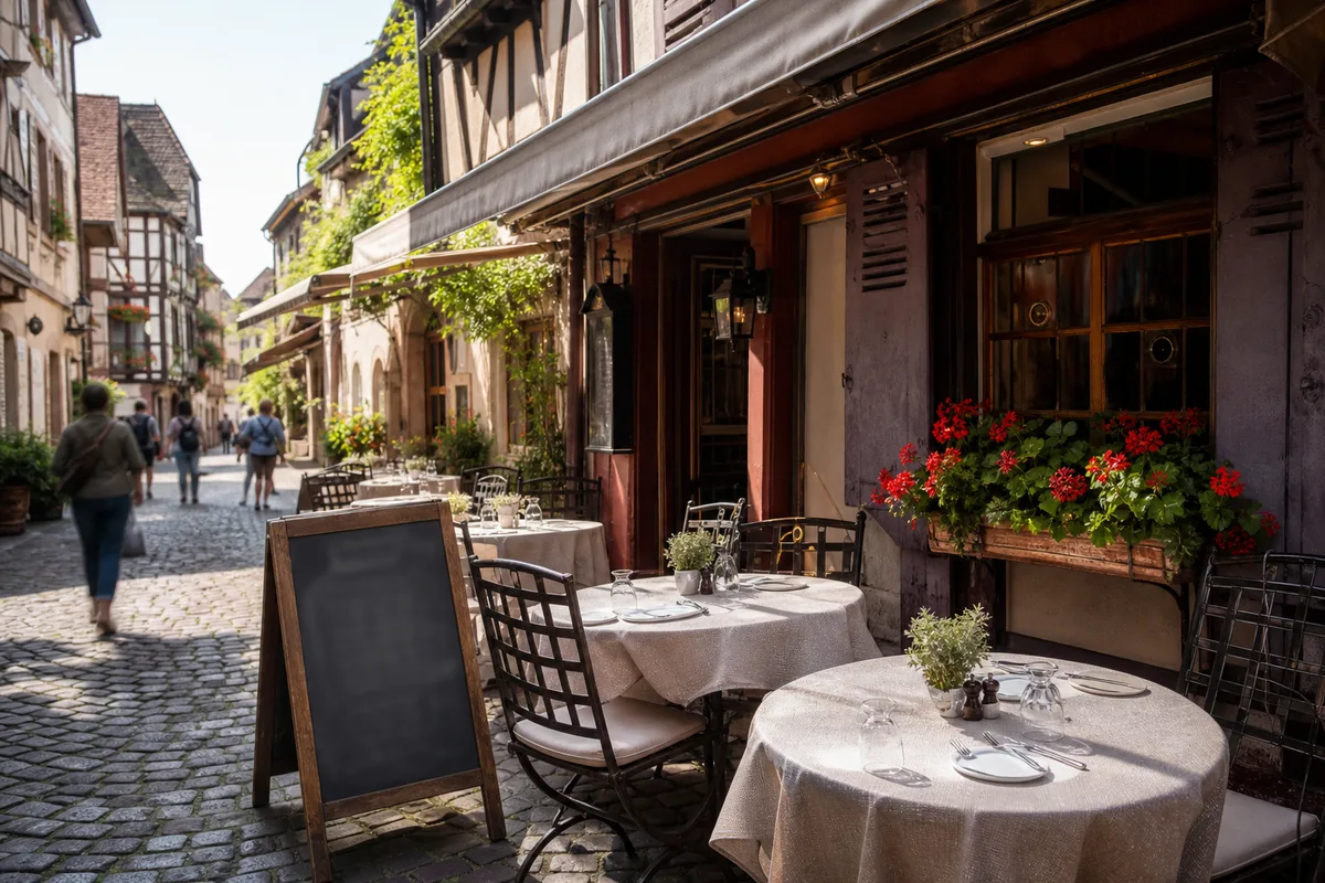 Terrasse d&rsquo;un restaurant alsacien animée dans une ruelle à colombages