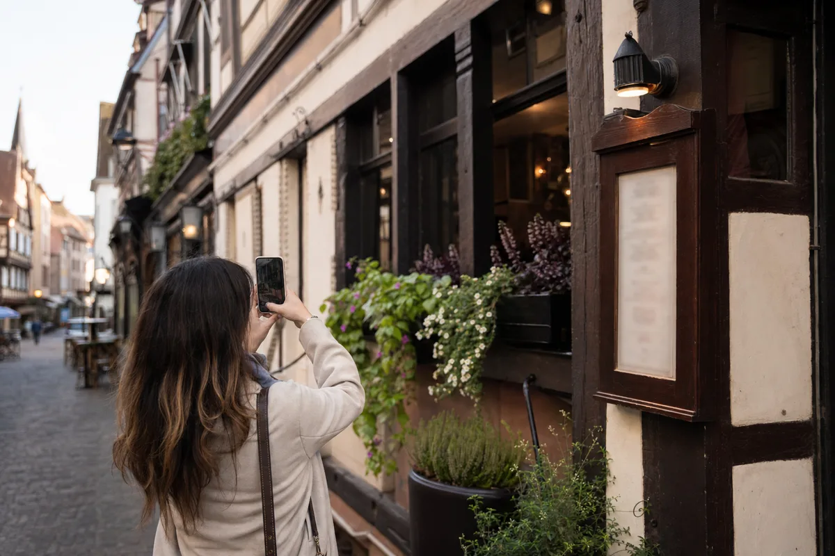 Client consultant son téléphone devant la carte affichée à l&rsquo;entrée d&rsquo;un restaurant