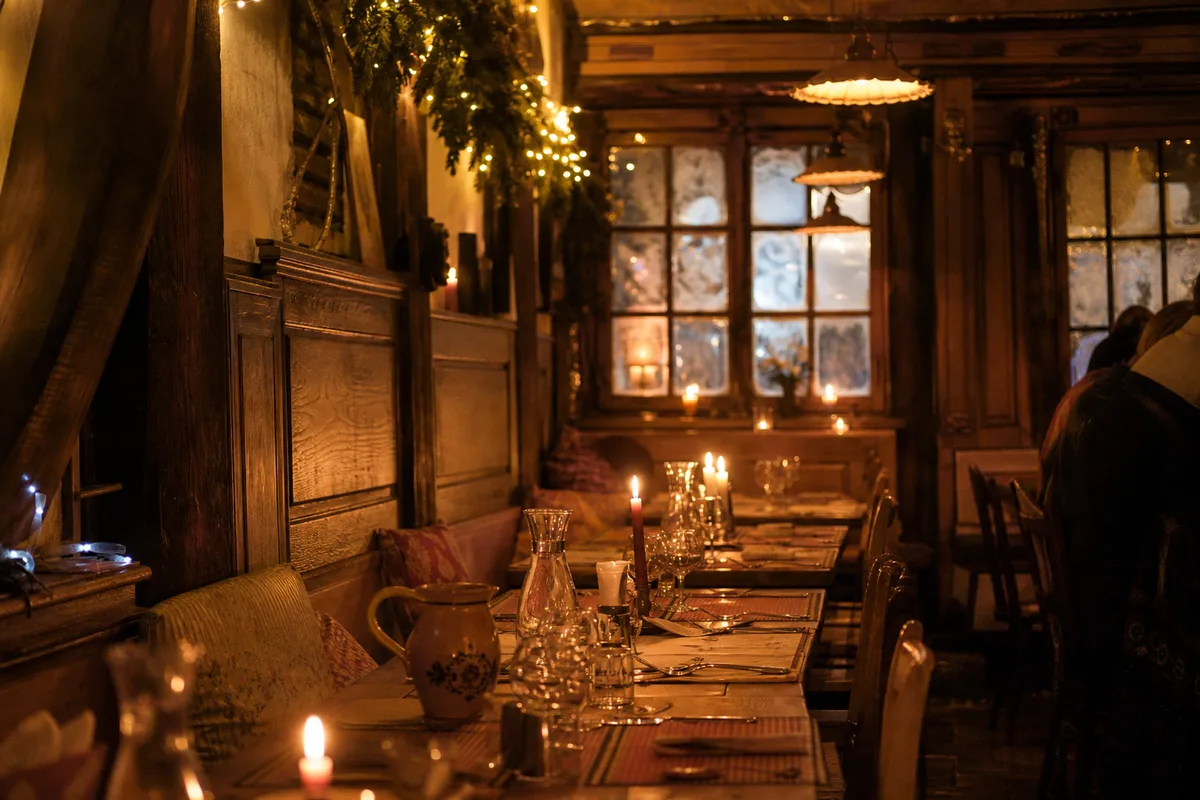Salle de winstub alsacienne chaleureuse un soir d&rsquo;hiver