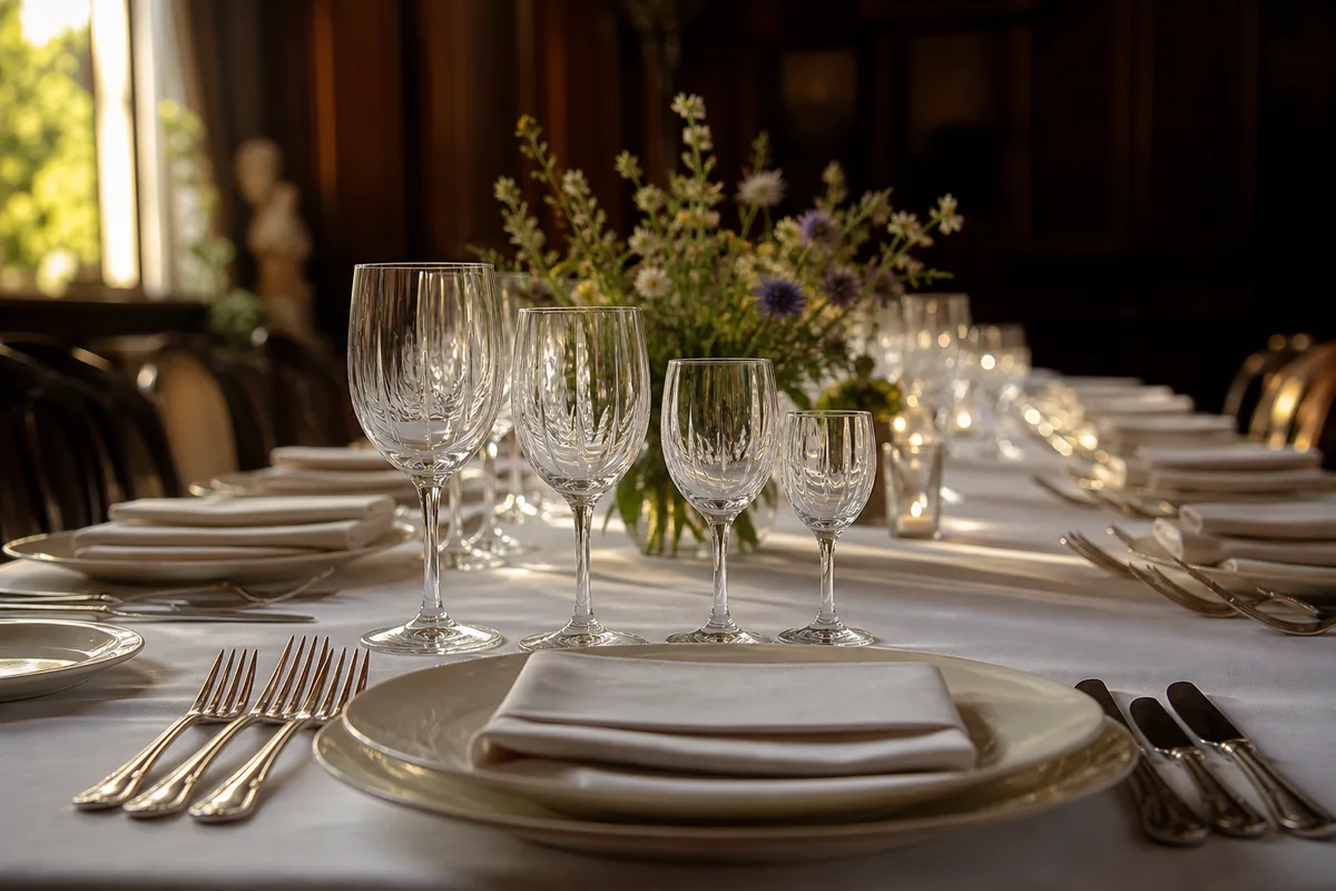 Table dressée en nappe blanche avec verres alignés pour un menu en plusieurs services