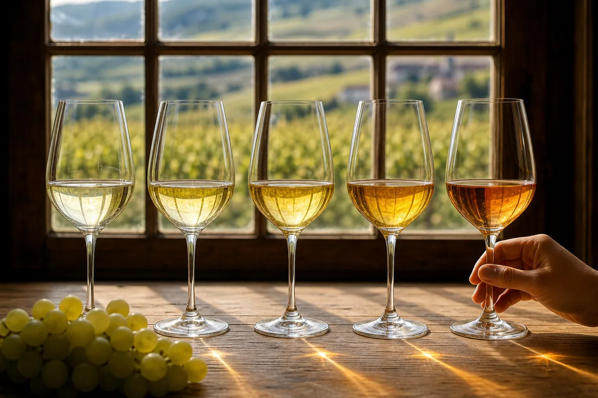 Verres à vin blanc alignés sur une table de dégustation devant une fenêtre lumineuse