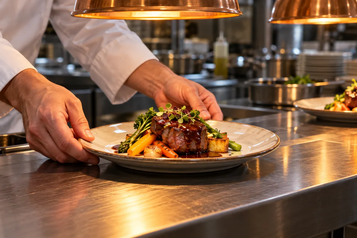 Mains d&rsquo;un cuisinier posant une assiette garnie sur le passe-plat d&rsquo;une cuisine professionnelle en inox