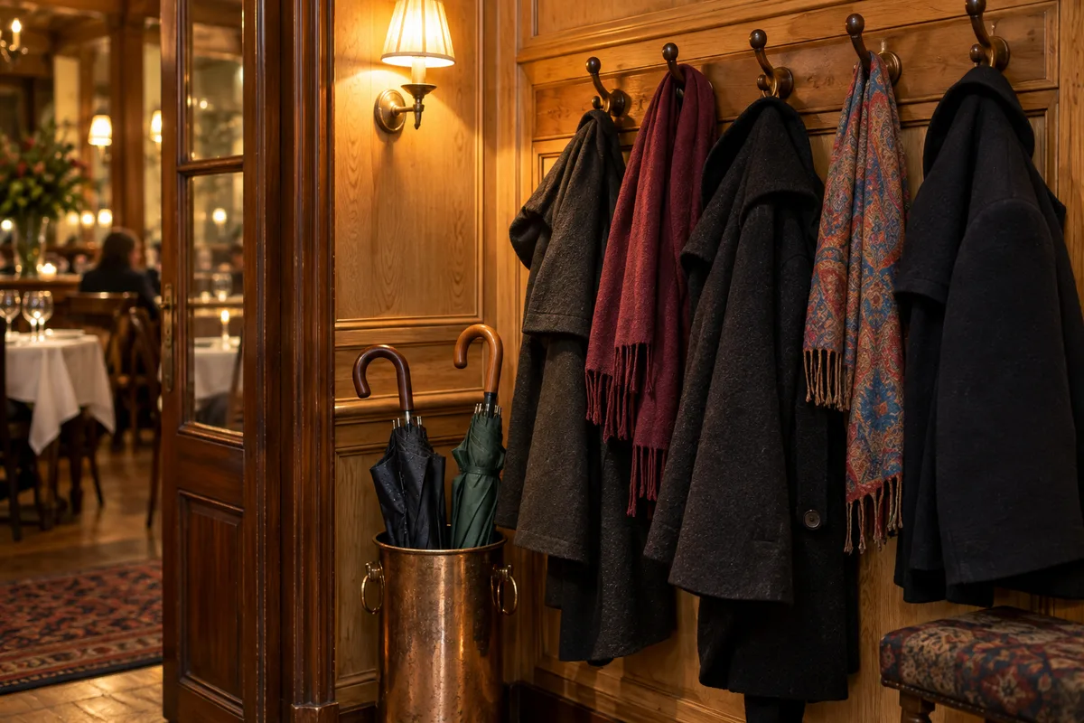 Vestiaire d&rsquo;entrée d&rsquo;un restaurant avec manteaux suspendus et parapluies