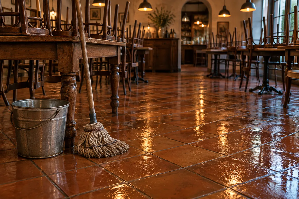 Sol carrelé encore humide d&rsquo;une salle de restaurant après le service, seau et serpillière près d&rsquo;une table