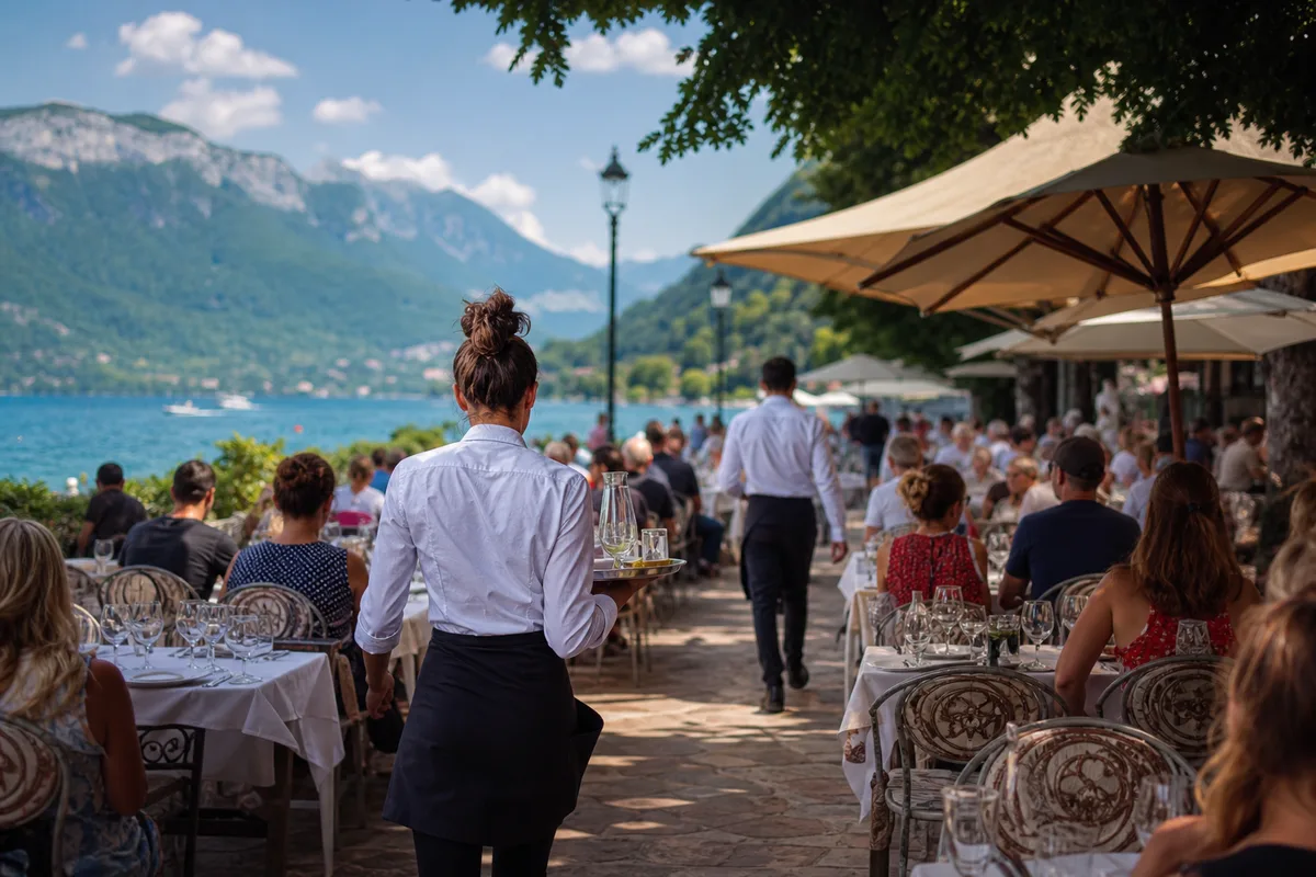 Terrasse de restaurant au bord du lac d’Annecy avec serveurs en plein service