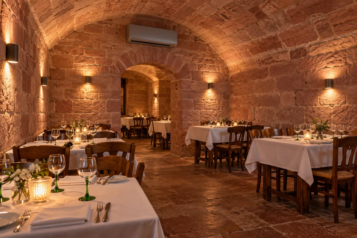 Salle voûtée d&rsquo;un restaurant alsacien dressée pour le soir, climatiseur mural gris au-dessus de l&rsquo;arche