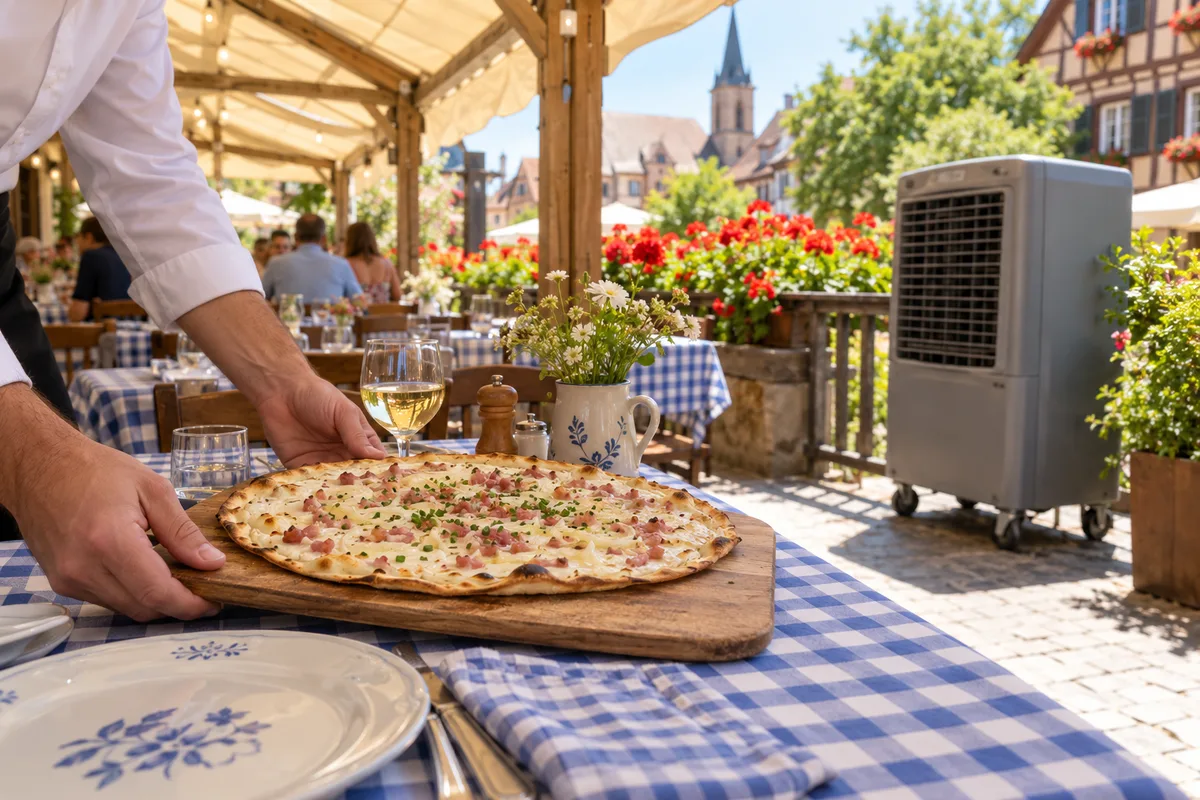 Terrasse couverte à midi, rafraîchisseur mobile gris en bordure et mains d&rsquo;un serveur posant une tarte flambée