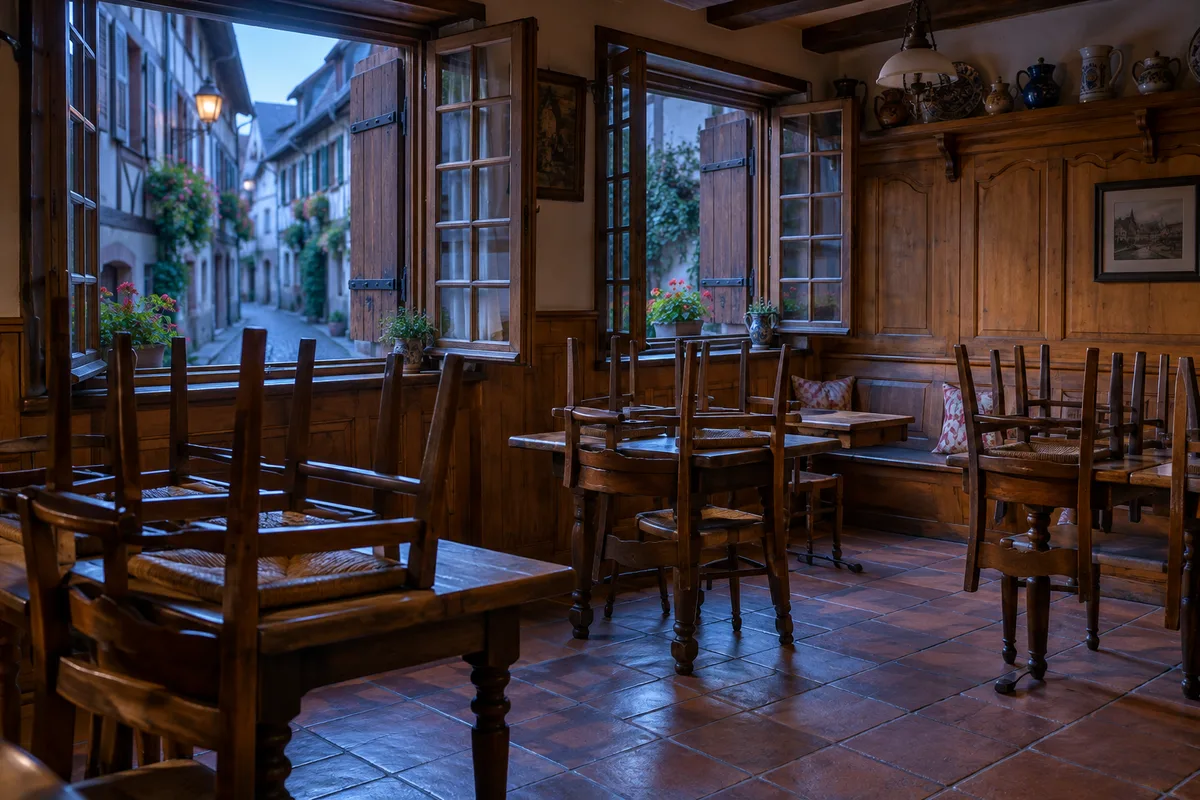 Salle de winstub à l&rsquo;aube, fenêtres à petits carreaux ouvertes et chaises retournées sur les tables