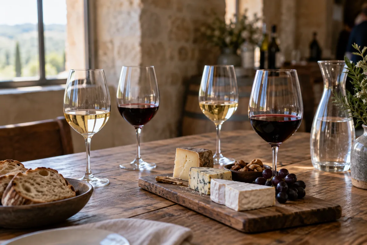 Table de dégustation dans un domaine viticole avec verres de vin et planche de fromages