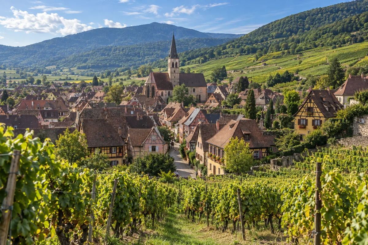 Village viticole alsacien aux maisons à colombages entouré de vignes