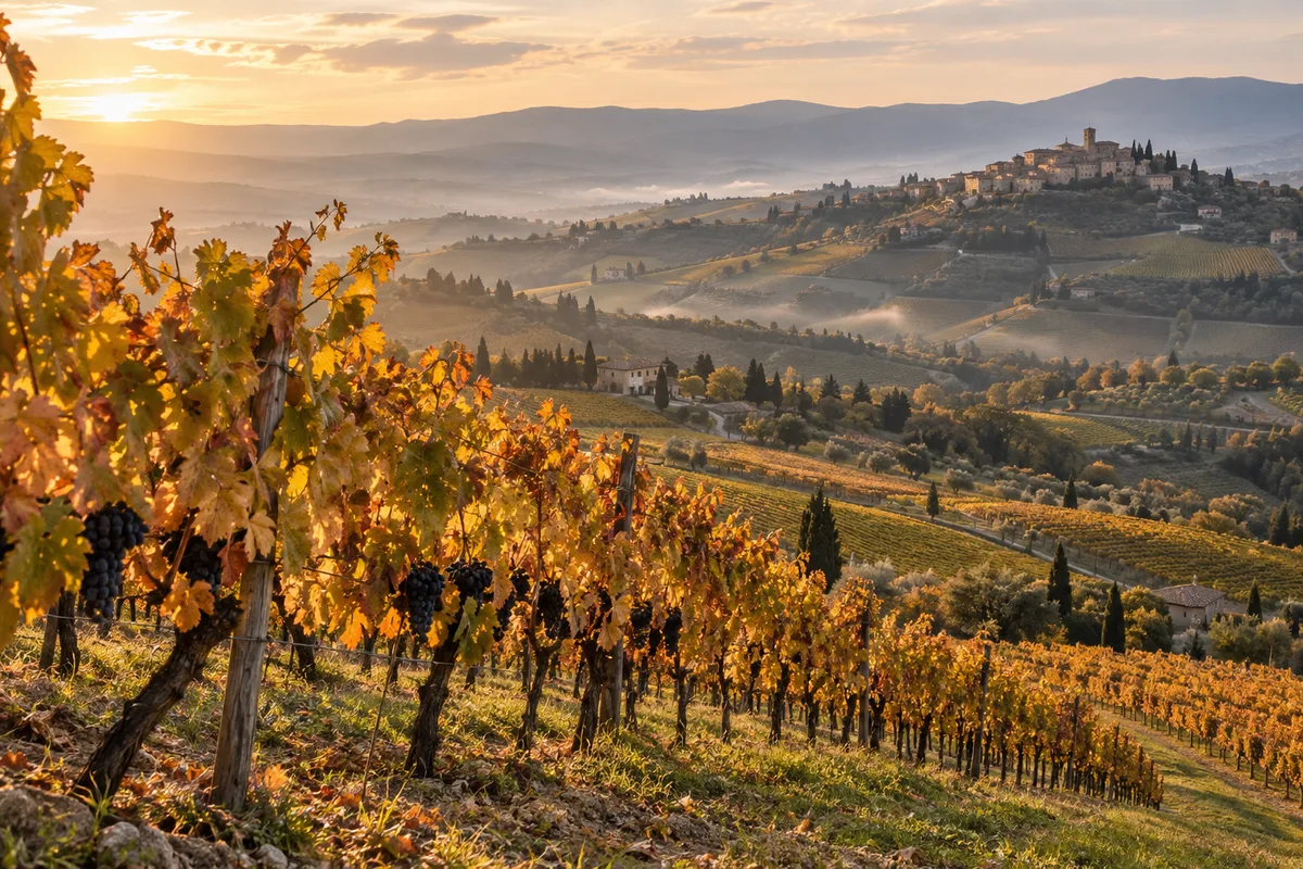 Rangs de vigne en automne aux feuilles dorées sur une colline