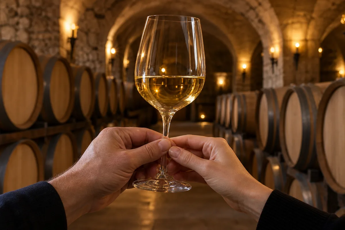 Mains tenant un verre de vin blanc devant une cave voûtée en pierre