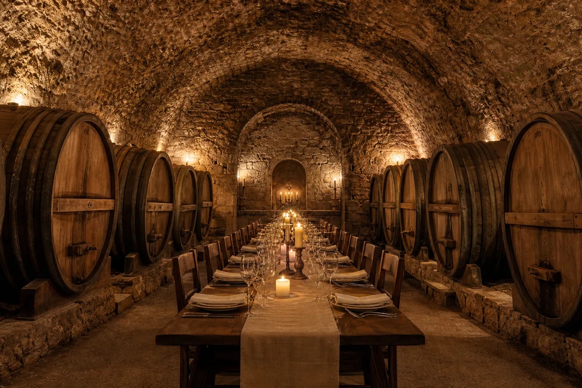 Table longue dressée pour un repas de groupe dans une cave voûtée en pierre