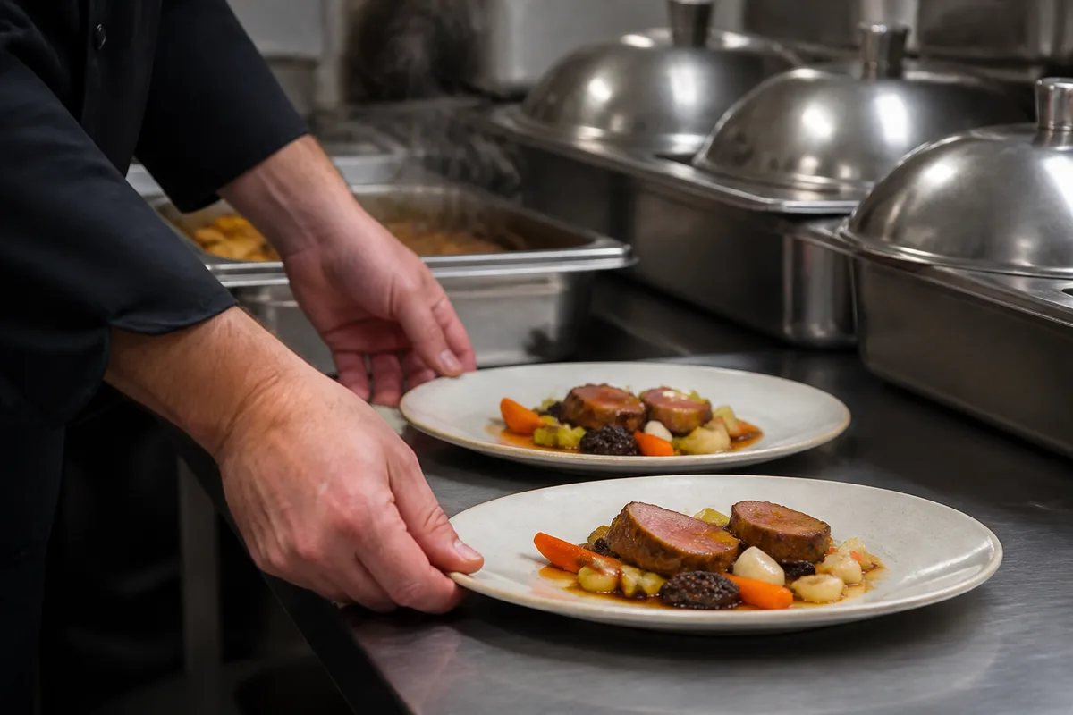 Mains d’un professionnel dressant des assiettes sur une table de service en inox