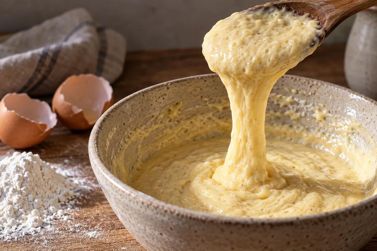Pâte à spaetzle jaune tombant en ruban épais d&rsquo;une cuillère en bois au-dessus d&rsquo;un saladier en grès