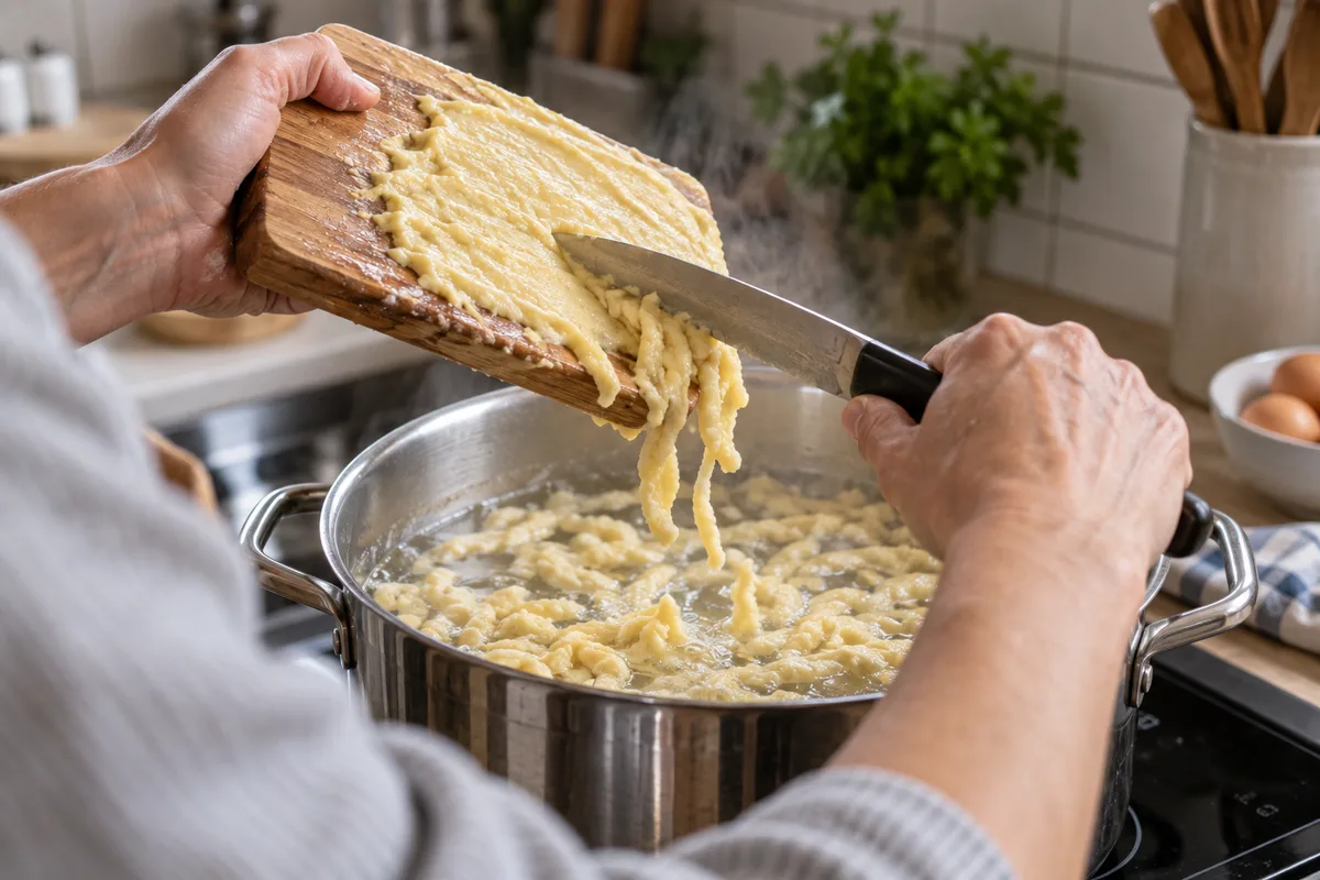 Mains raclant de fines lamelles de pâte depuis une planchette en bois vers une casserole d&rsquo;eau frémissante
