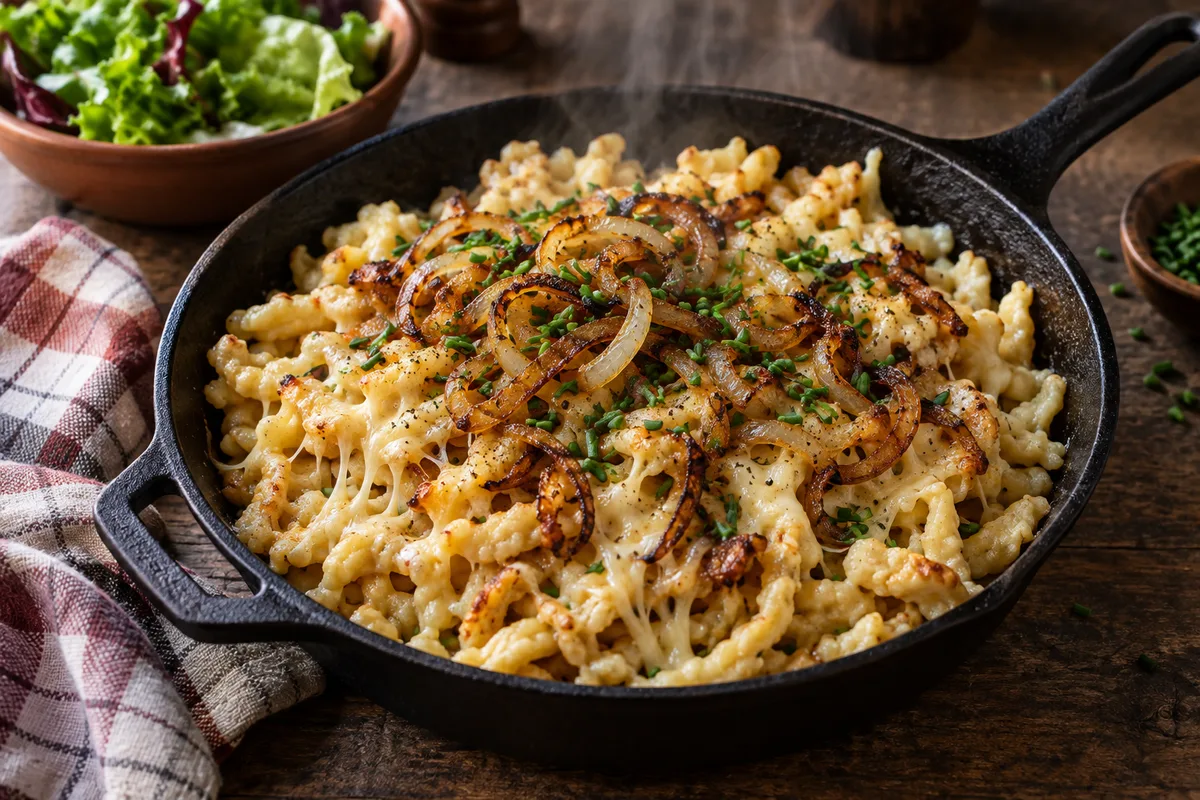 Spaetzle dorés au beurre dans une poêle en fonte, fromage râpé fondant et oignons rissolés