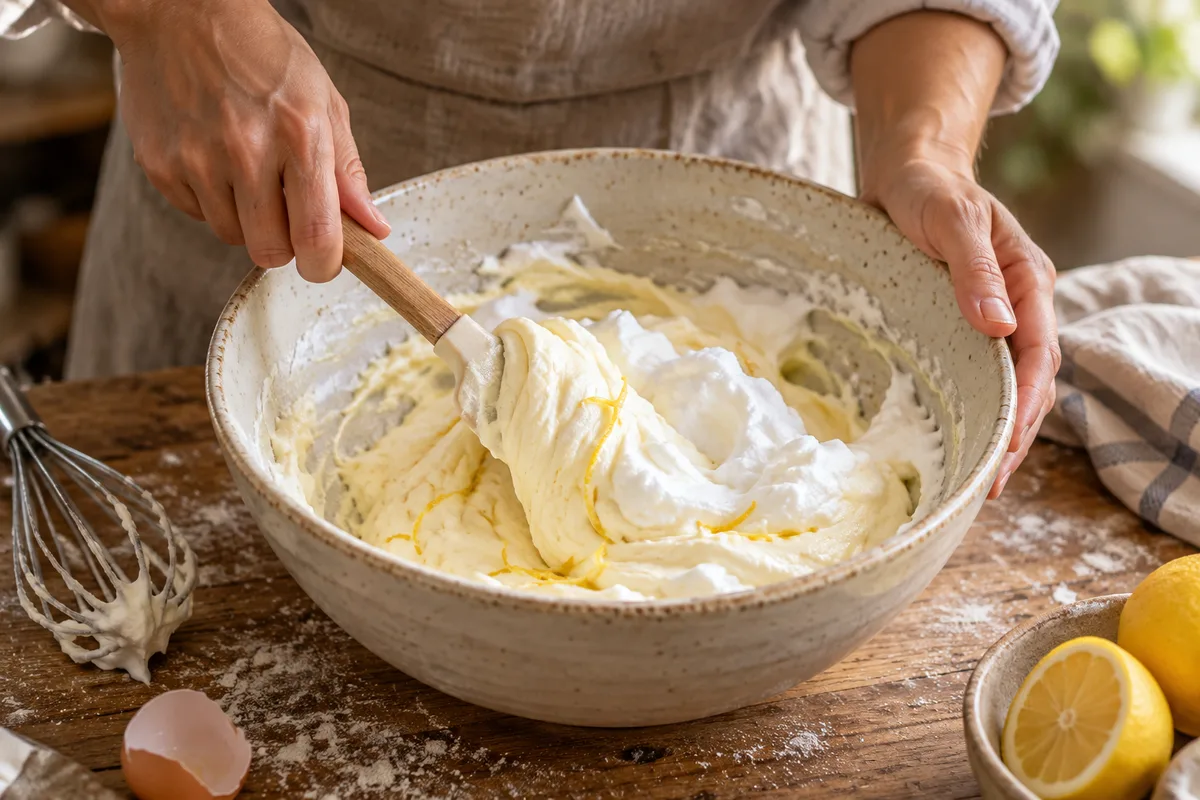 Mains qui incorporent des blancs en neige à l’appareil au fromage blanc dans un saladier