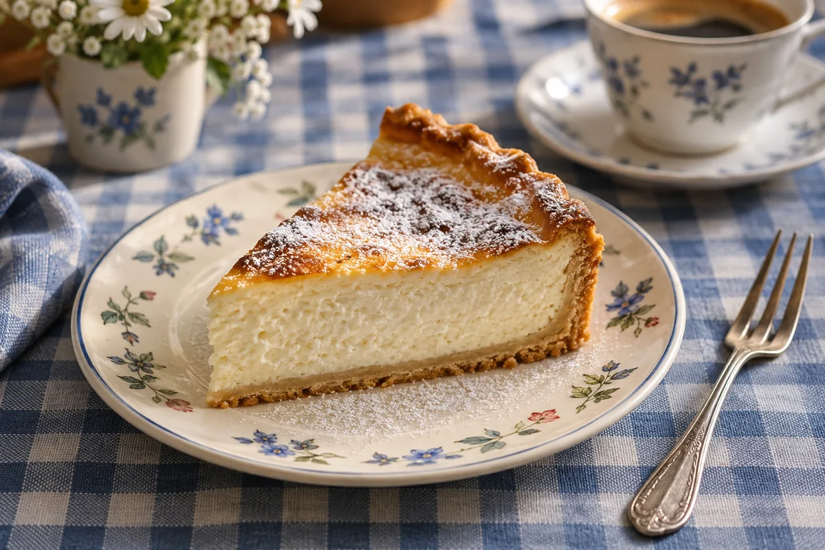 Part de käsküeche sur une assiette en faïence, appareil blanc sur pâte brisée dorée