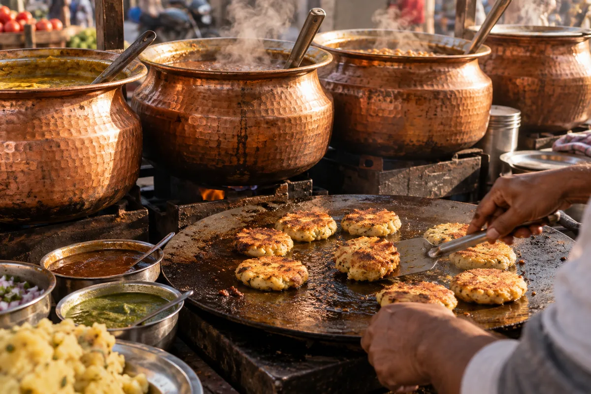 Étal de rue indien avec marmites de cuivre et galettes dorées sur une plaque