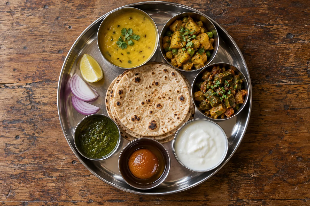 Plateau de thali garni de petits bols de lentilles, légumes et yaourt
