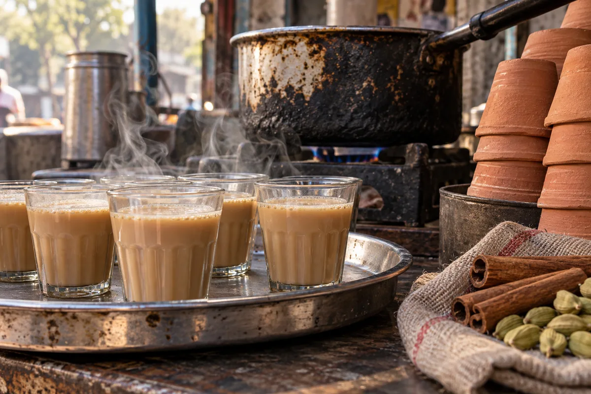 Verres de thé au lait fumants sur un plateau métallique près d’un réchaud
